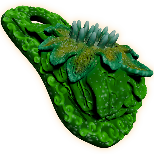 Green flower-inspired silicone grinder with detailed features, raised textures and fantasy creature features, representing the Love Smiths grinder collection.