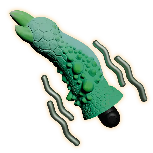 Green dragon-shaped silicone vibrator sleeve with a black bullet vibrator, representing Love Smiths fantasy vibrators and accessories.