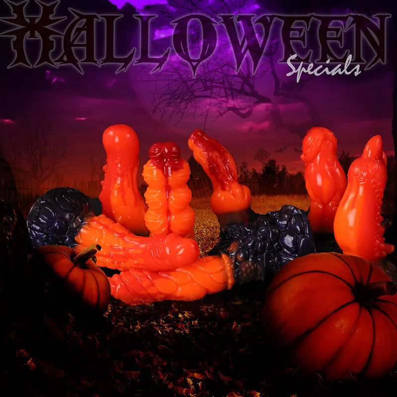 Dildos Halloween en silicone faits main dans des couleurs saisonnières orange, rouges et noires