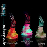 Fantasy ogre dragon silikondildo visad i naturligt ljus, svart ljus glow och darkness highlighting självlysande silikon effect.