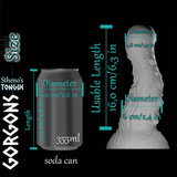Gorgon’s Stheno’s Tongue storleksjämförelse för dildo bredvid en läskburk – 16 cm användbar längd, 6 cm maxdiameter.