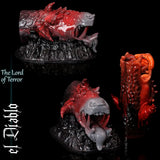 el Diablo Lord of Terror Fantasy-Silikonmasturbator in Rot und Grau mit offenem Monstermund und schwarzem Sockel