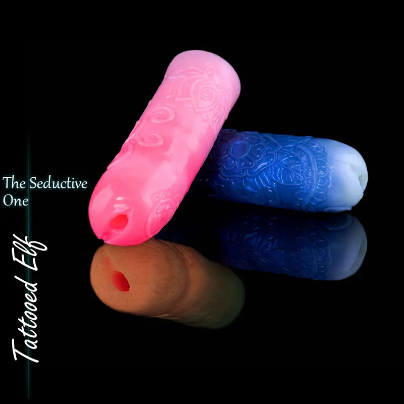Pink and blue Tattooed Elf fantasy masturbators with narrow entrances and detailed tattoo-inspired silicone exteriors