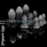 Individualisierbare Dragoness-Eggs-Fantasy-Silikon-Analplugs in Graustufen, die personalisierte Farboptionen der handgefertigten Drachenschuppen-Analplug-Kollektion zeigen.
