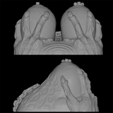 Renderizado lateral del masturbador universal Lilith con forma de pechos, mostrando la textura esculpida de la silicona, detalles de garras y diseño corporal de fantasía.