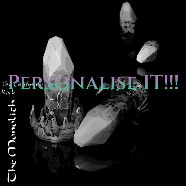 Custom Monolith fantasy crystal dildo by Love Smiths with “Personalise It” text showing customizable crystal toy with alien crown base.