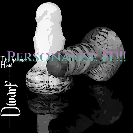 Customizable Dwarf dildo by Love Smiths with “Personalise It” text showing hammer-head design and dwarf beard base for custom fantasy toy creation.