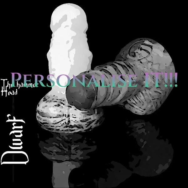 Customizable Dwarf dildo by Love Smiths with “Personalise It” text showing hammer-head design and dwarf beard base for custom fantasy toy creation.