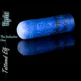 Epic Tattooed Elf masturbator in blue iridescent and white silicone with ornate elvish tattoo patterns and reflective finish