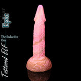 Tattooed Elf fantasy dildo in pink and beige epic colour, detailed with elven swirl textures.
