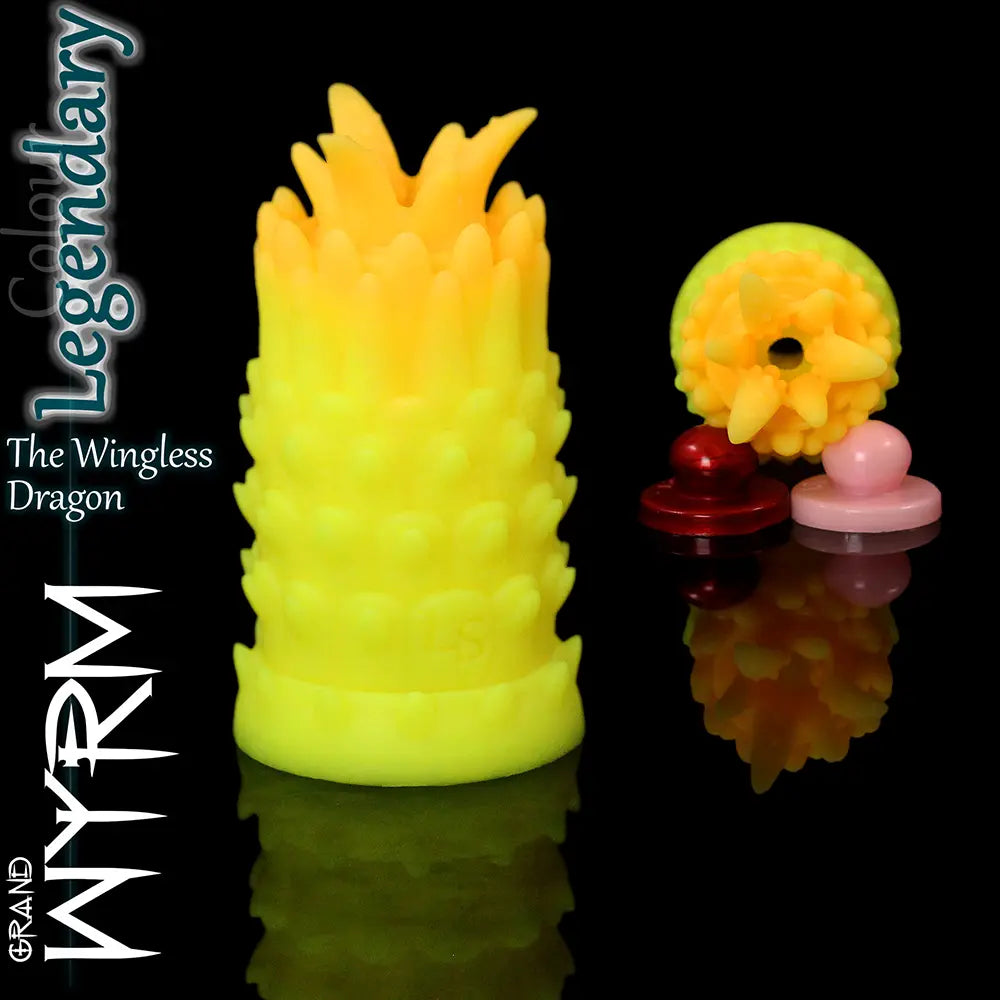 Grand Wyrm fantasy silicone masturbator in Legendary yellow and orange glow colour with dragon scale texture and textured stroker opening