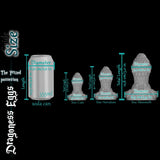 Größenvergleichstabelle der Dragoness-Eggs-Fantasy-Analplugs mit strukturierten Silikon-Analplugs in den Größen Cute, Herculean und Mammoth neben einer 355-ml-Getränkedose als Maßstab.