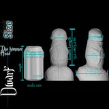 Dwarf dildo size guide showing diameter and usable length measurements with soda can comparison for scale.
