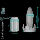 Monolith crystal dildo size guide with measurement chart showing usable length and diameter next to a 355 ml soda can for scale.