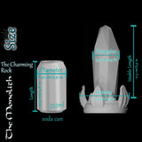 Monolith crystal dildo size guide with measurement chart showing usable length and diameter next to a 355 ml soda can for scale.