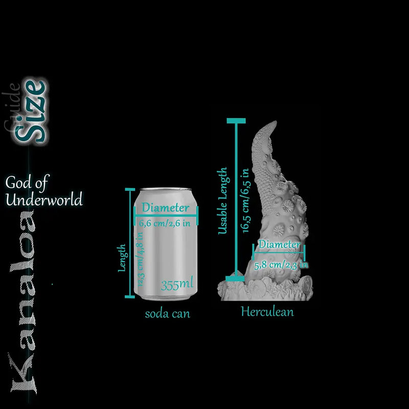 Kanaloa siliconen tentakeldildo in de maat Herculean met maattabel, waarbij bruikbare lengte en diameter worden vergeleken met een frisdrankblikje van 355 ml.
