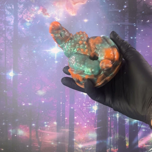 Qilin Beloved - Ready to Ship; Grey-green and orange marbling. Its glow in the dark is shown in the video.