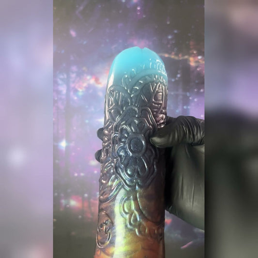 Tattooed Elfess - Ready to Ship; Turquoise end with a dark blue-purple metallic patterned body. The video shows its UV response and glow in the dark.