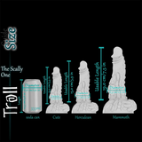 Troll fantasy silicone dildo size comparison chart displaying Cute, Herculean and Mammoth sizes alongside soda can for dimensional scale.